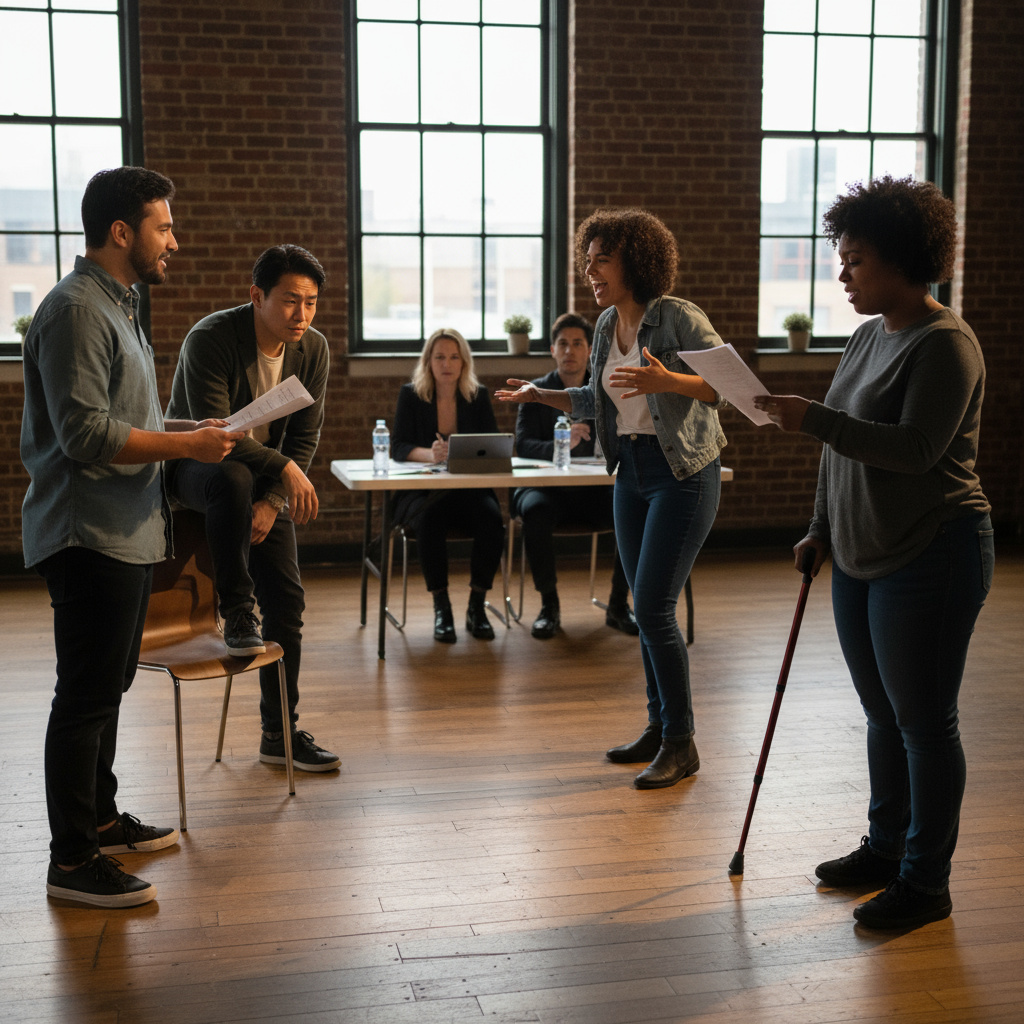 Casting- bzw. Proben-Szene mit Schauspielerinnen und Schauspielern